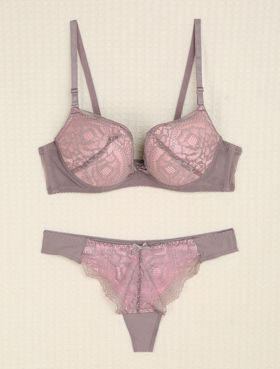 Ensemble en dentelle et tulle à liens - Gris/rose - 1