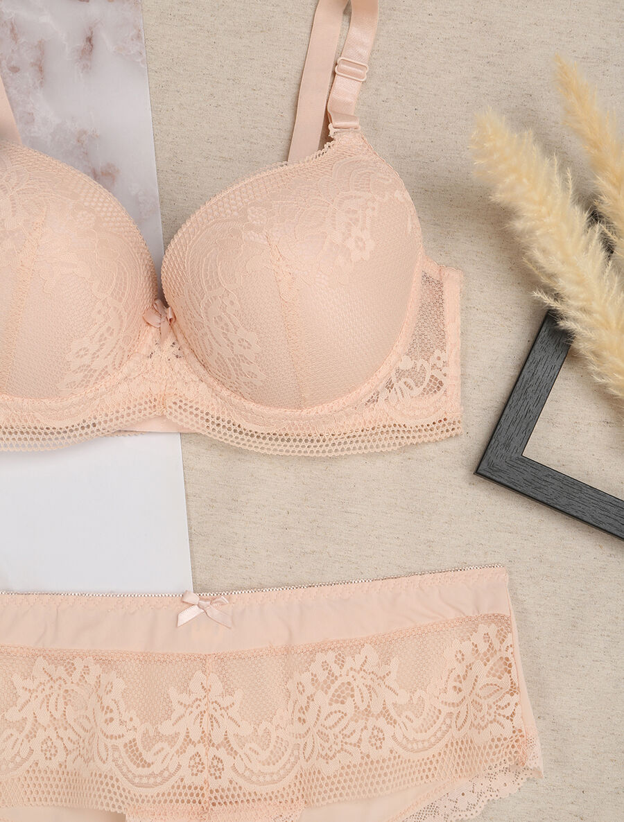 Ensemble grande taille en dentelle fleurie - Nude - 3