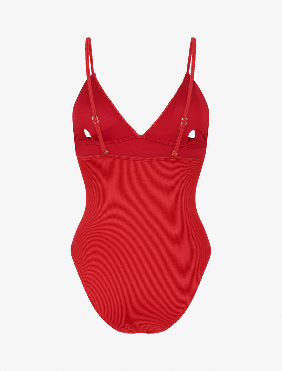 Maillot de bain côtelé à col à V - Rouge - 3