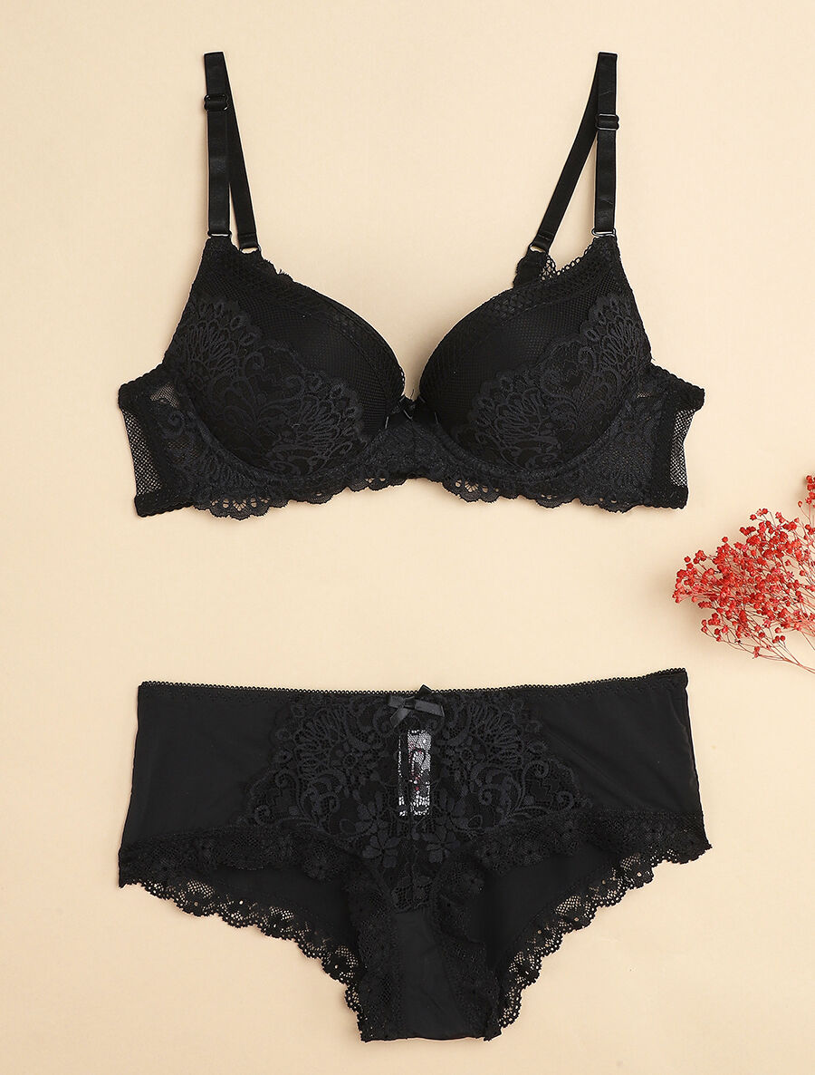 Ensemble à fine broderie festonnée et shorty - Noir - 4