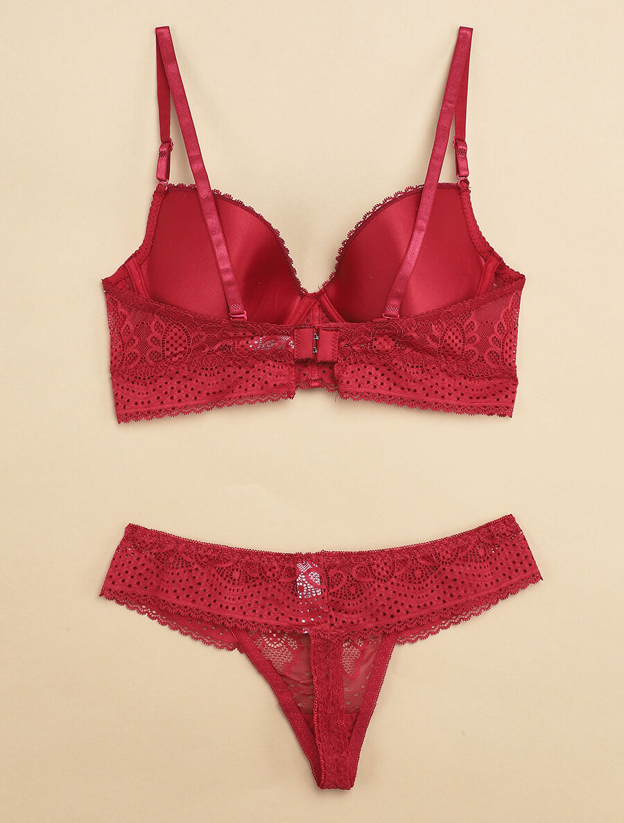 Ensemble à bord large en dentelle piquetée et tanga - Prune - 2