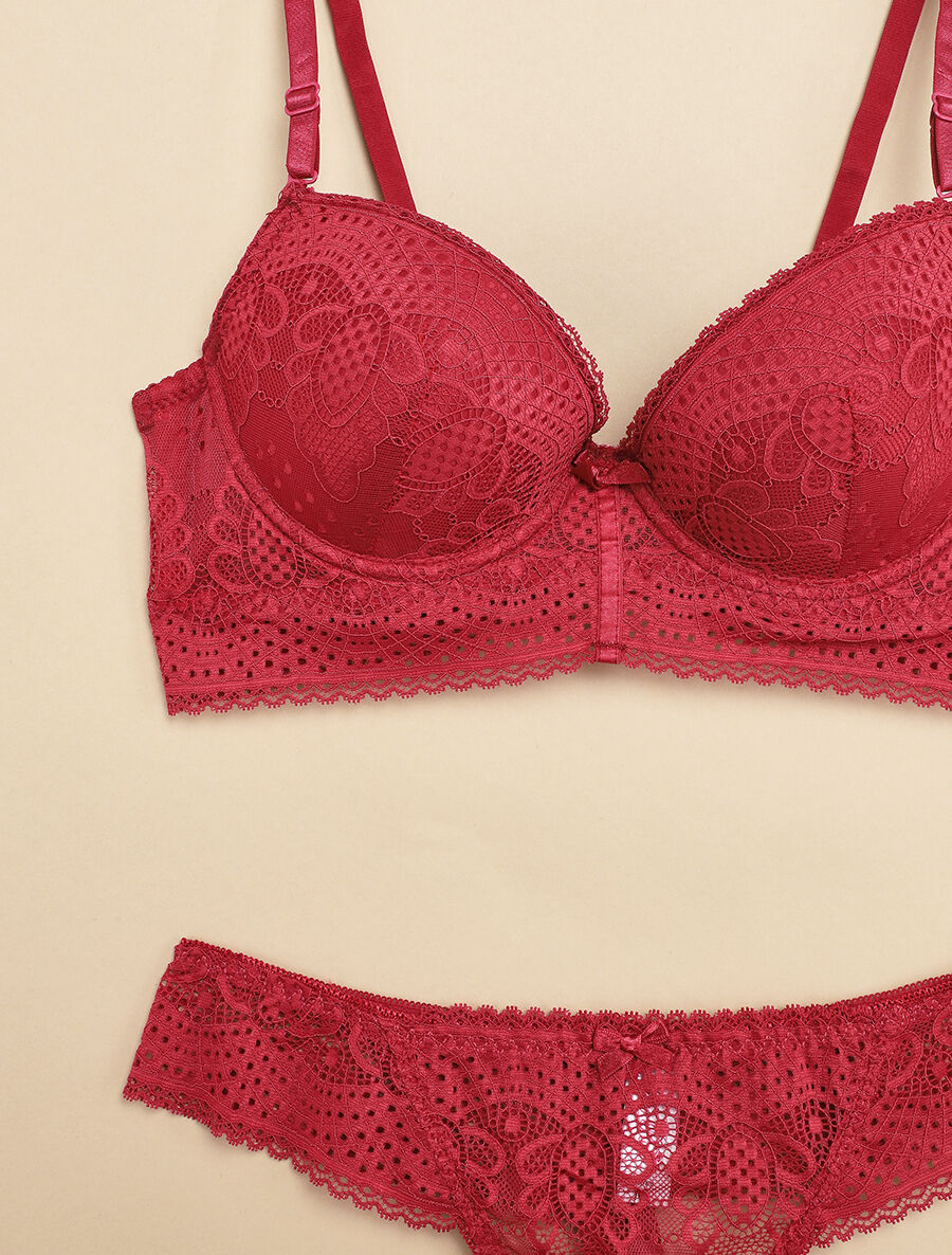 Ensemble à bord large en dentelle piquetée et tanga - Prune - 3