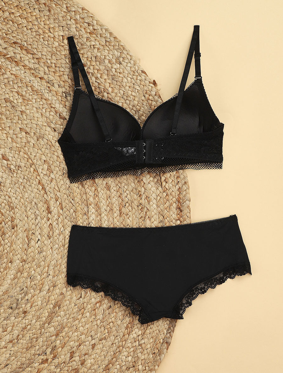 Ensemble à fine broderie fleurie et shorty - Noir - 2