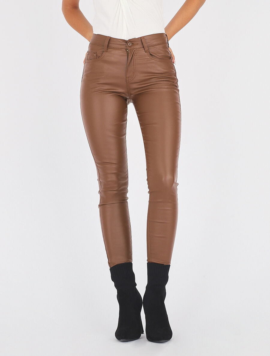 Pantalon uni en simili - Marron - 4