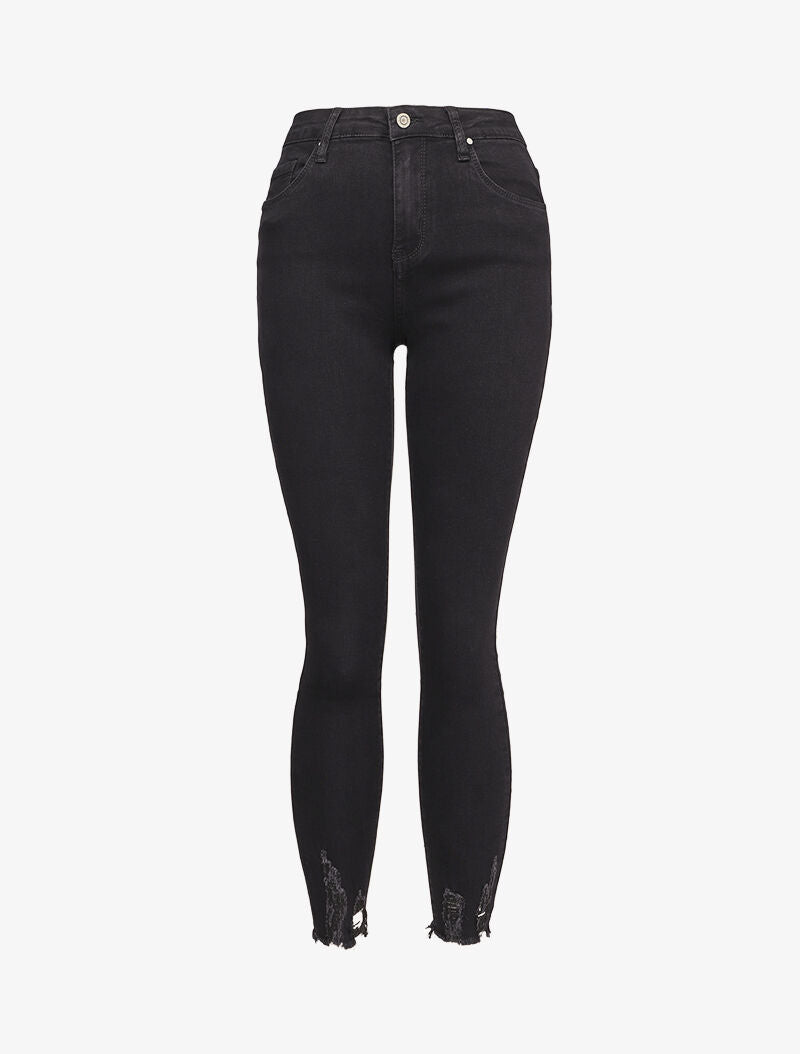 Jean skinny 7/8 à bords coupe franche griffés - Noir - 4