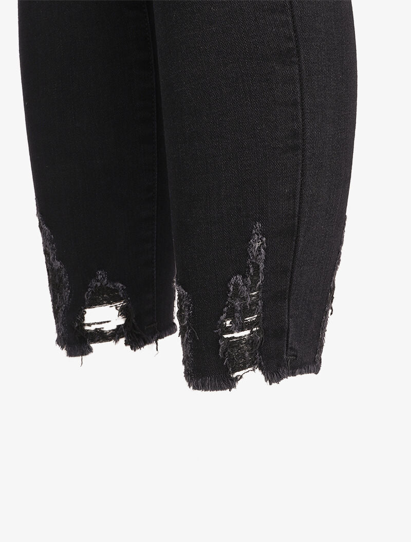 Jean skinny 7/8 à bords coupe franche griffés - Noir - 3
