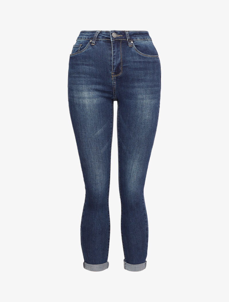 Jean skinny délavé à ourlet à retrousser - Bleu denim - 4