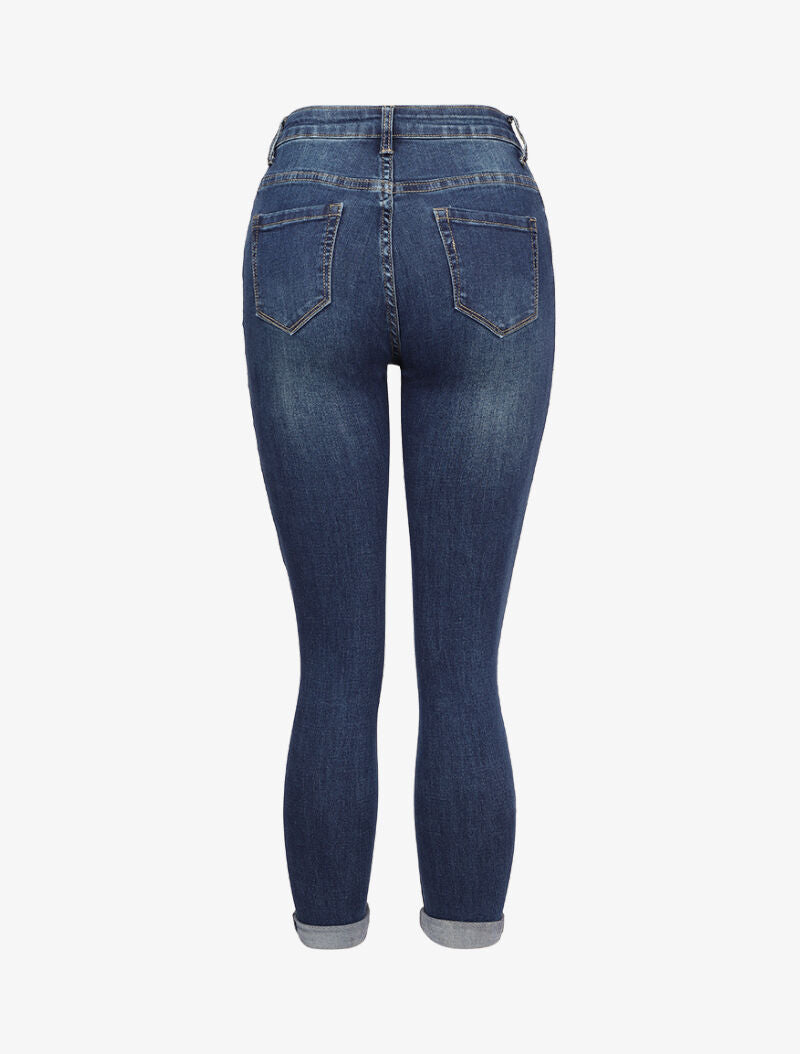 Jean skinny délavé à ourlet à retrousser - Bleu denim - 2