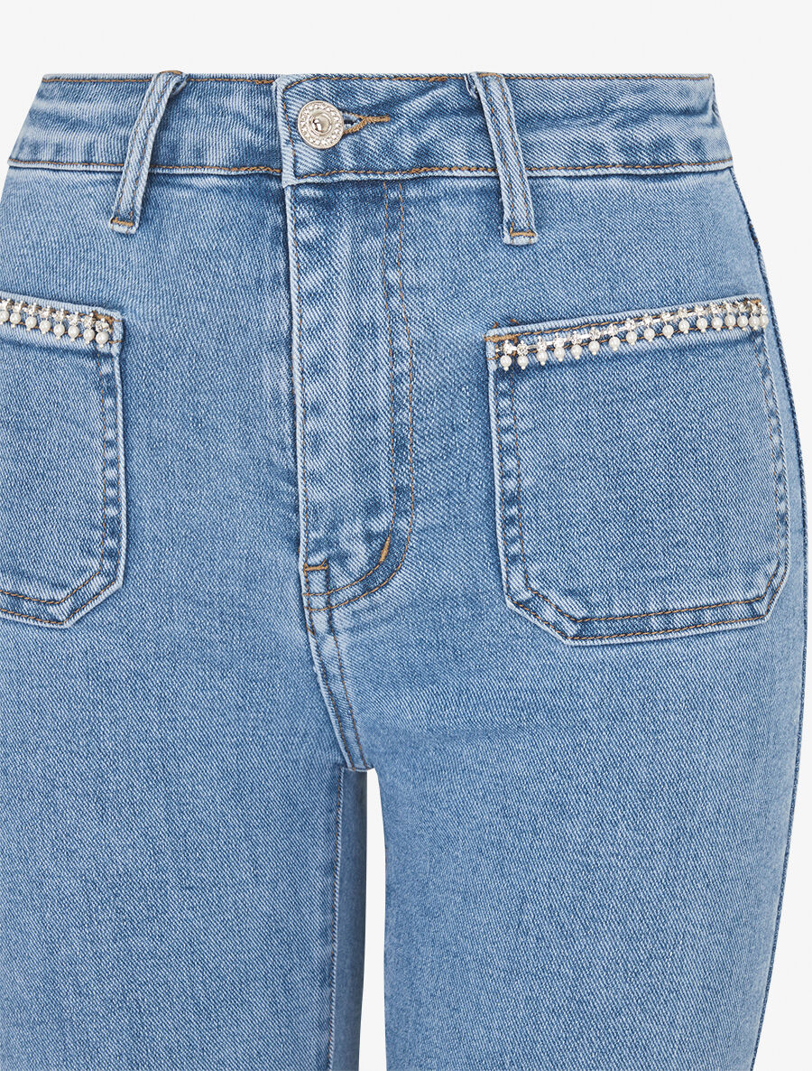 Jean à strass et bords effilochés coupe droite - Bleu - 3