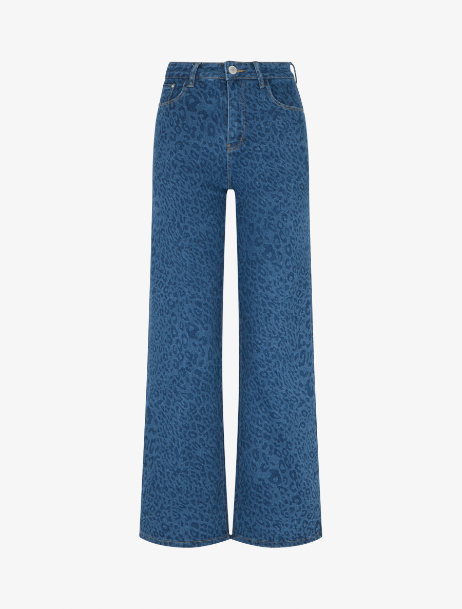 Jean wide leg imprimé léopard coupe droite - Bleu - 1