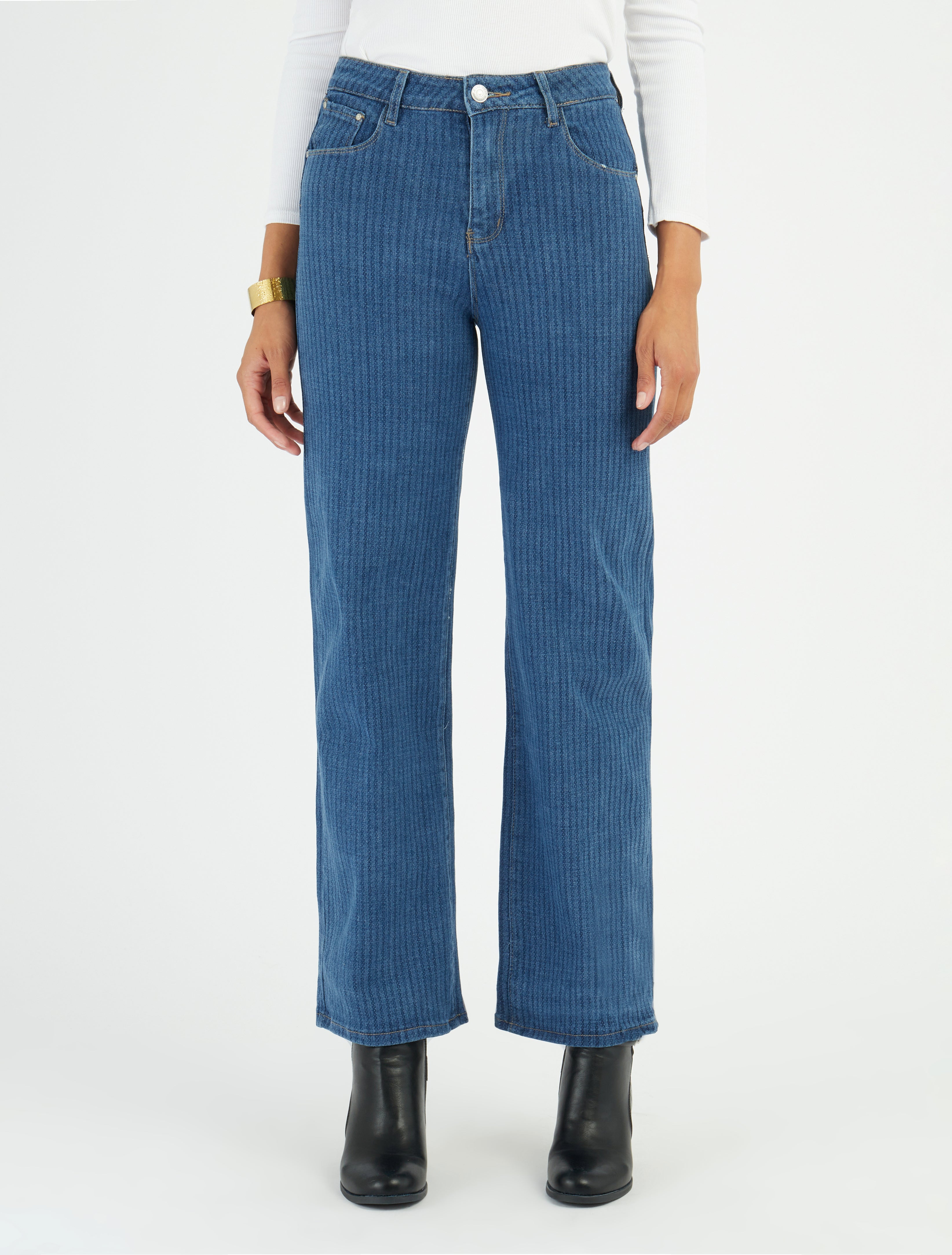 Jean wide leg imprimé rayures coupe droite - Bleu