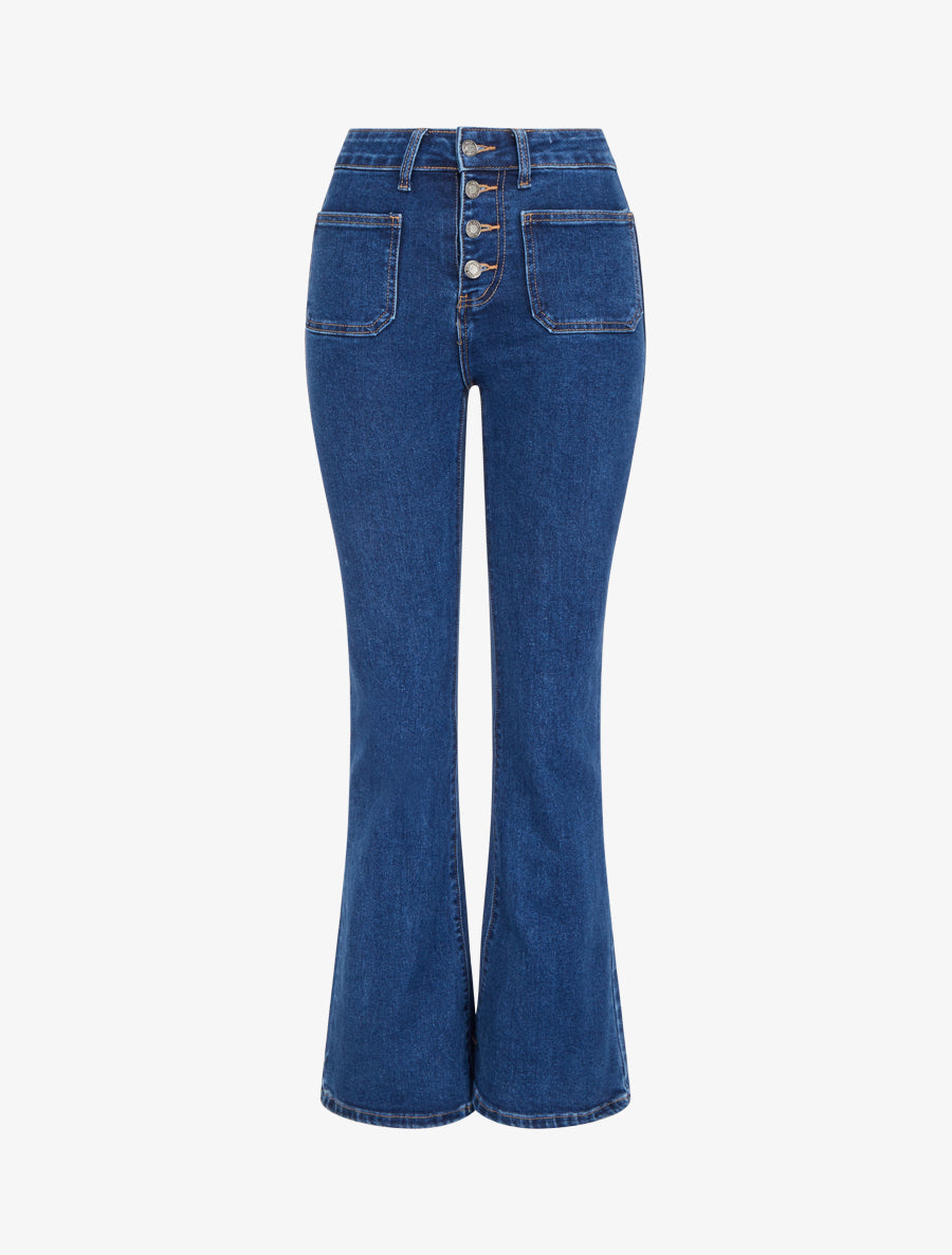Jean flare boutonné à taille haute - Bleu brut - 1