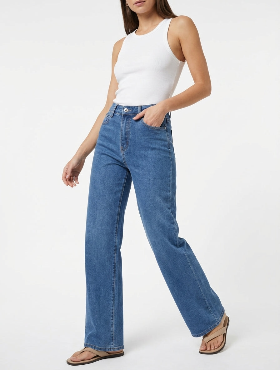 Jean met wijde pijpen en push-up. - Blauw