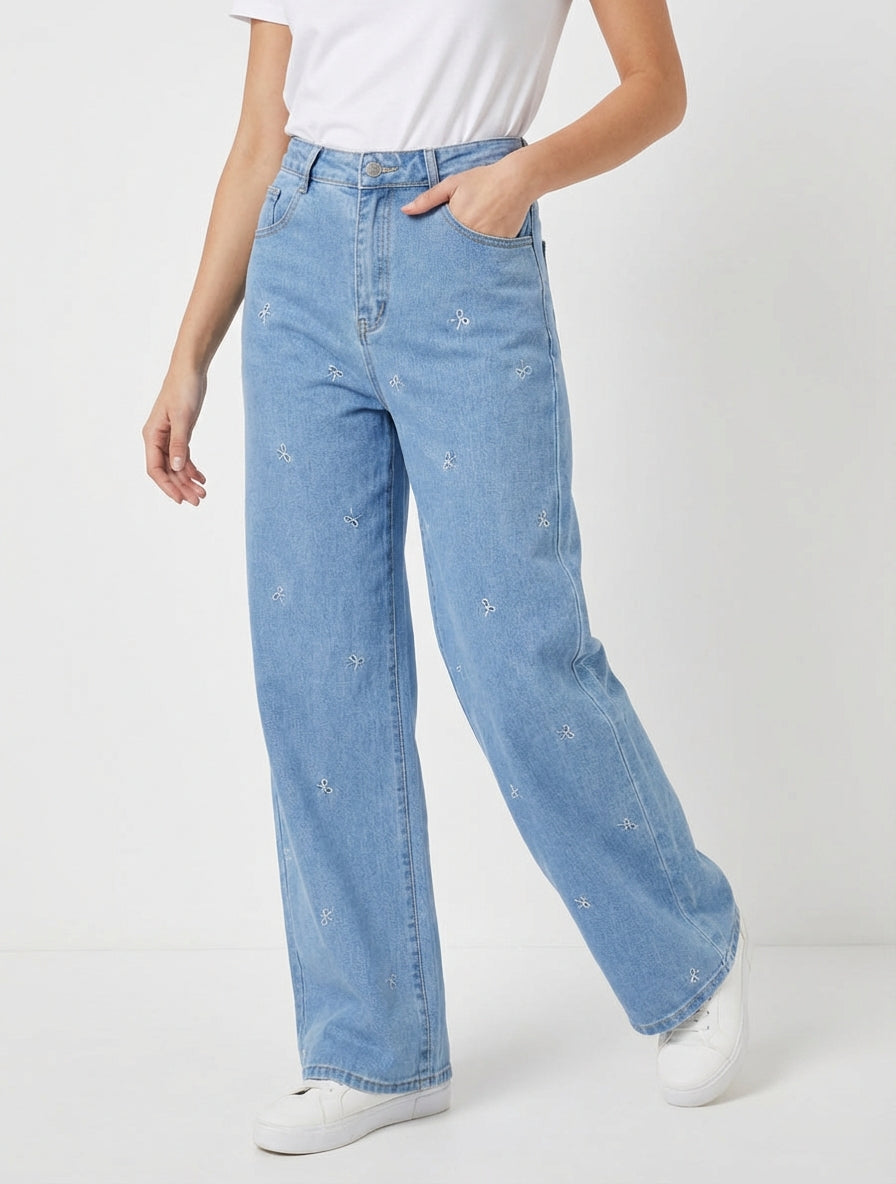 Jean ample à broderie motif noeuds - Bleu