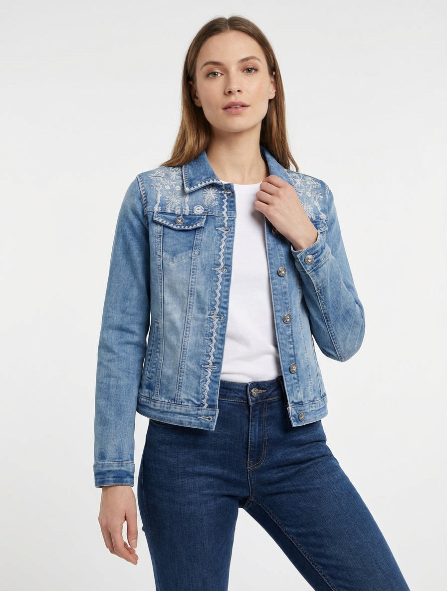 Veste en jean à broderies florales - Bleu
