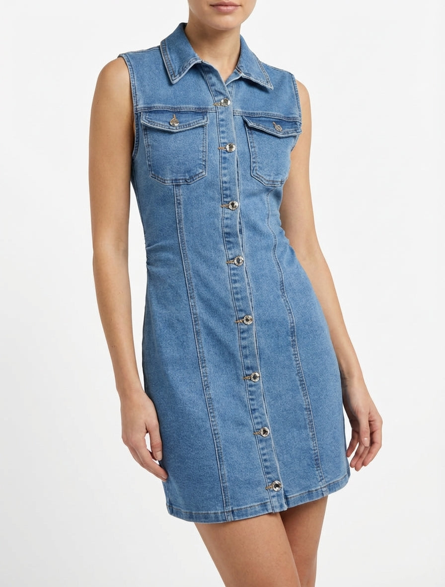 Robe en jean ajustée sans manches - Bleu