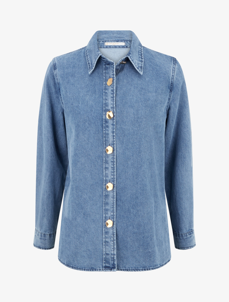 Chemise en jean droite à boutons stylisés - Bleu - 1