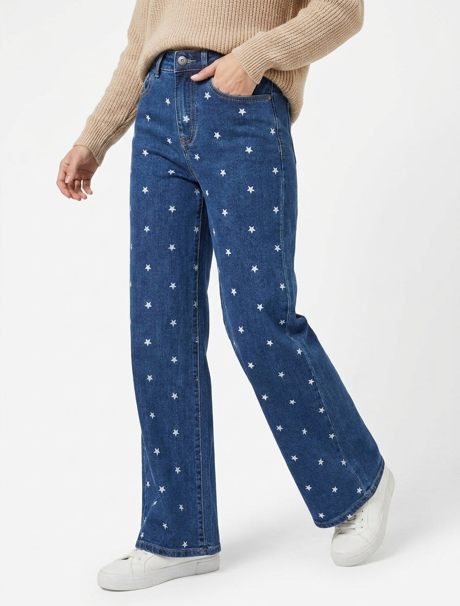 Jean wide leg imprimé étoiles - Bleu