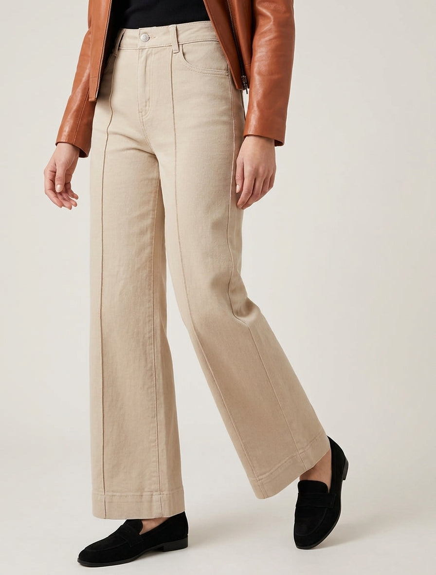 Jean met wijde pijpen en hoge taille met zichtbare naden - Beige