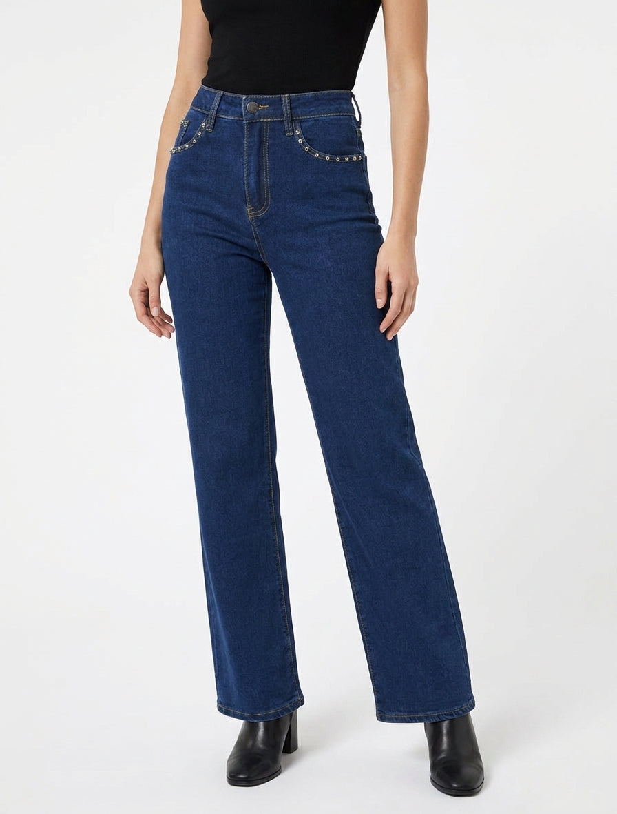 Wide leg jeans met studs op de zakken - Blauwe denim