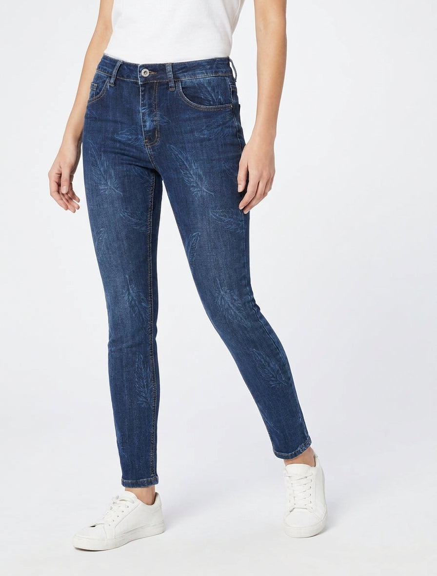 Jean à imprimé plumes coupe skinny - Bleu denim