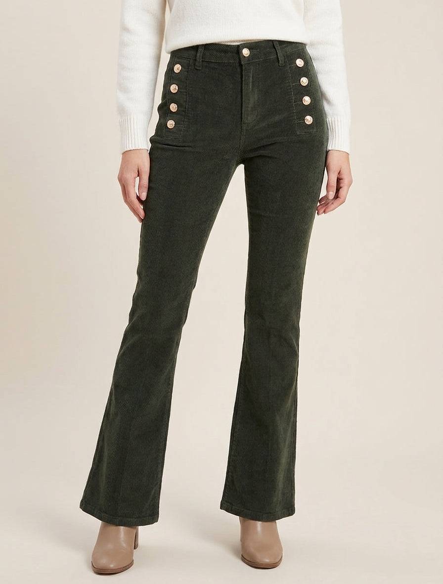 Geribde broek met decoratieve knopen - Kaki