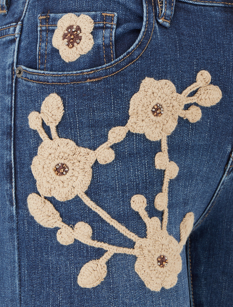Jean à empiècement broderie floral coupe slim - Bleu denim - 3