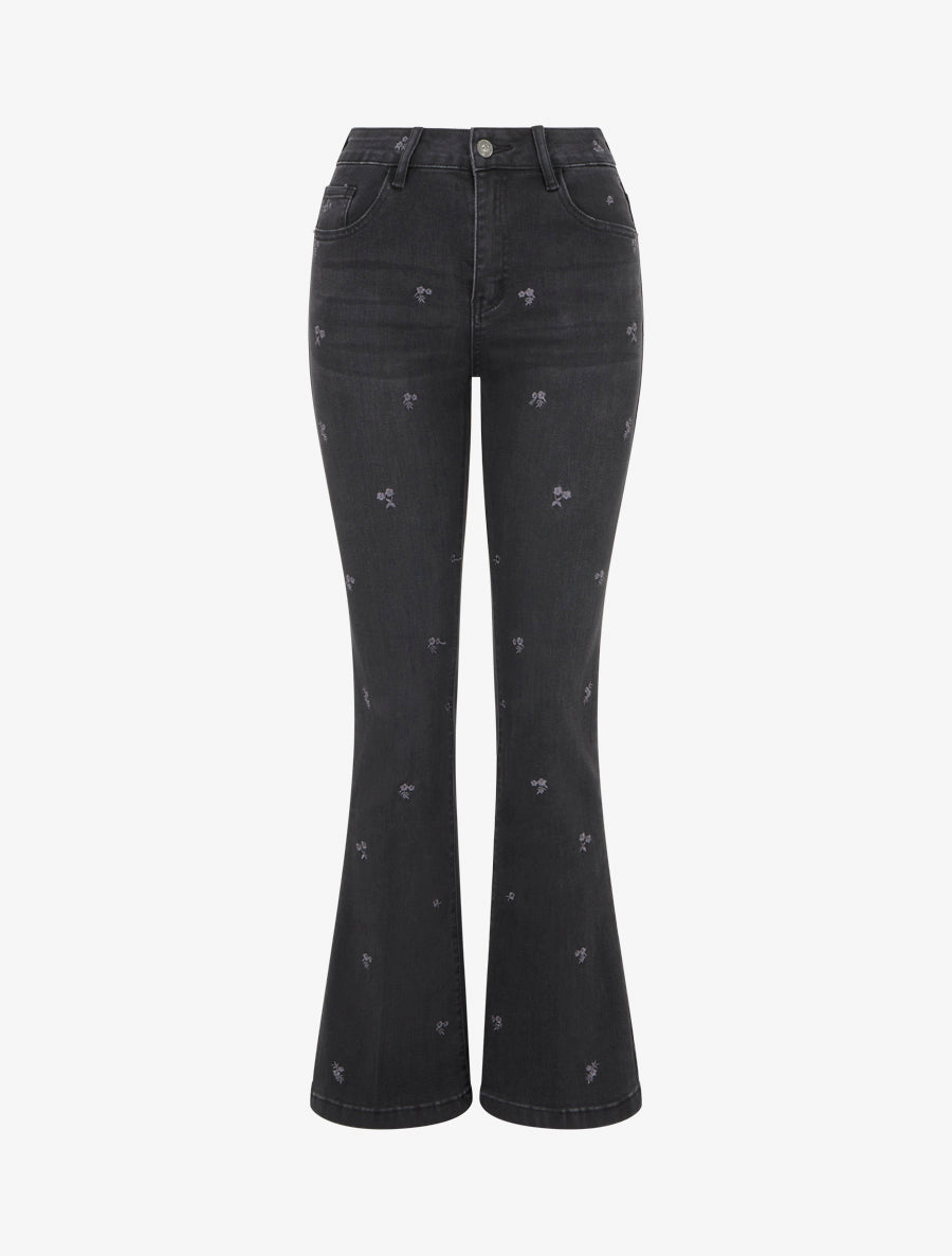 Jean à petites fleurs brodées coupe flare - Gris anthracite - 1