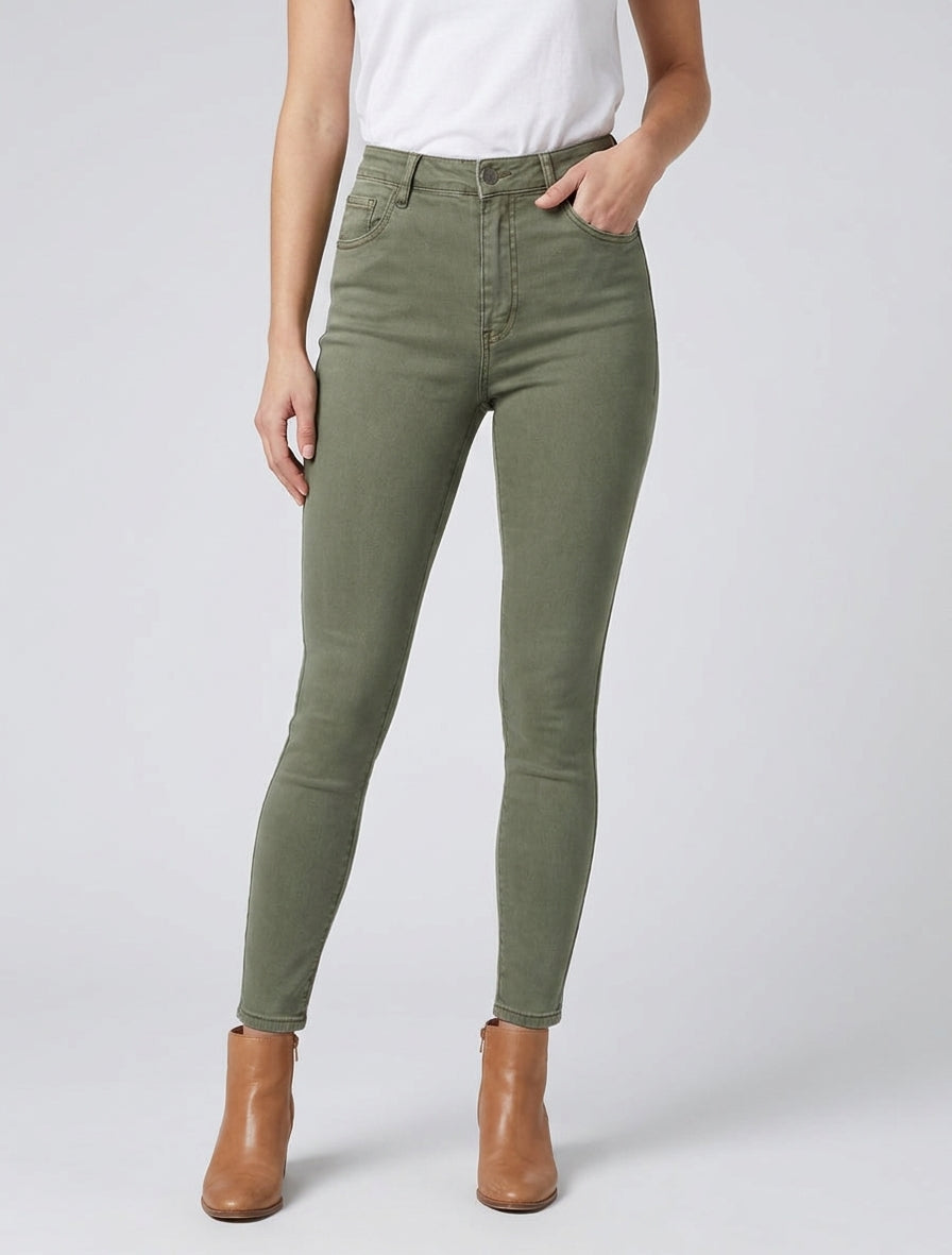 Jeans skinny effen met hoge taille - Kaki