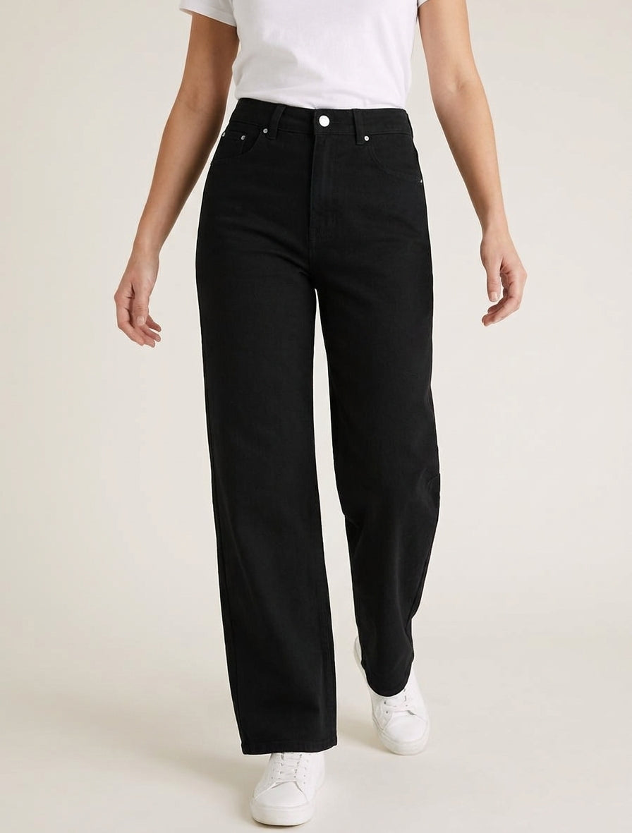 Jean wide leg uni à taille haute - Noir