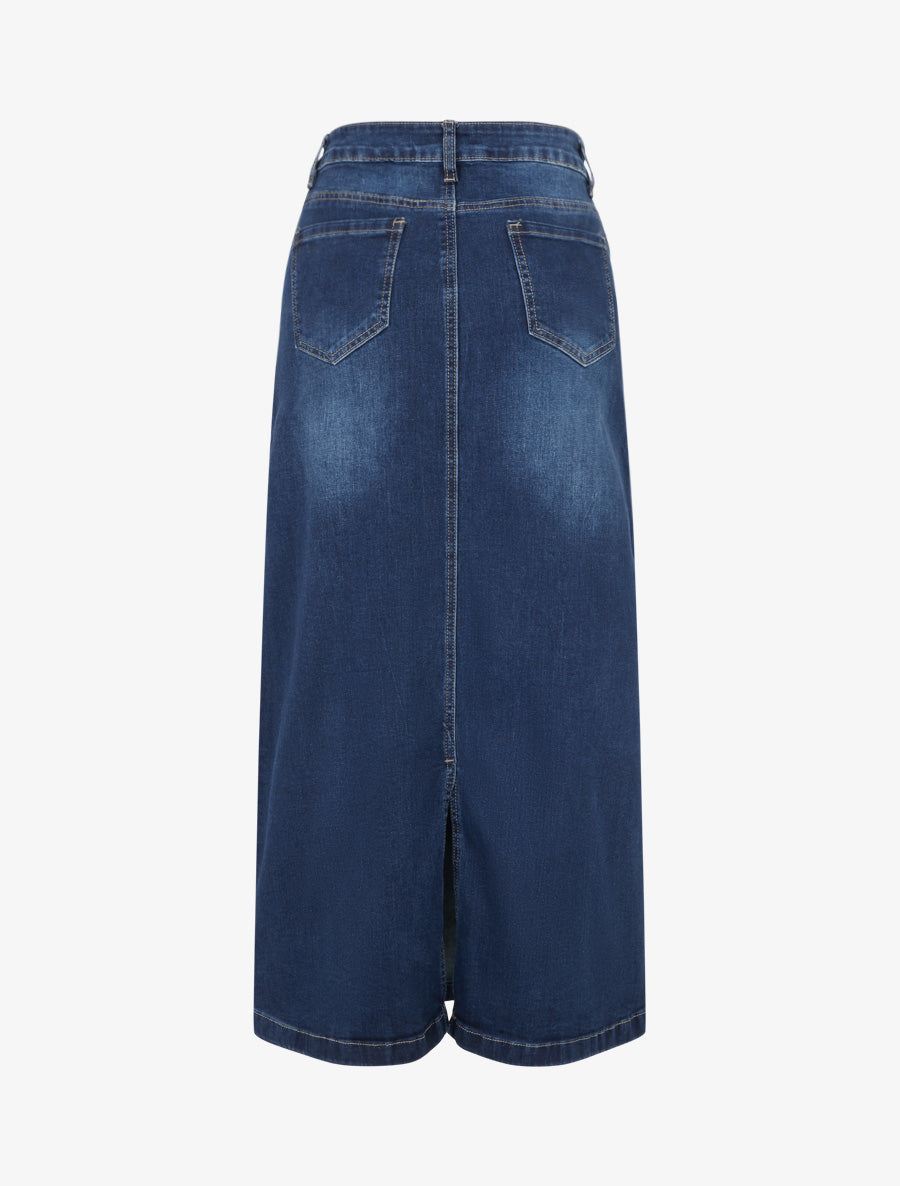 Jupe longue coupe droite en jean à coutures apparentes - Bleu - 2