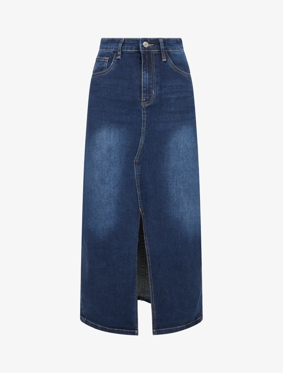 Jupe longue coupe droite en jean fendue - Bleu - 1