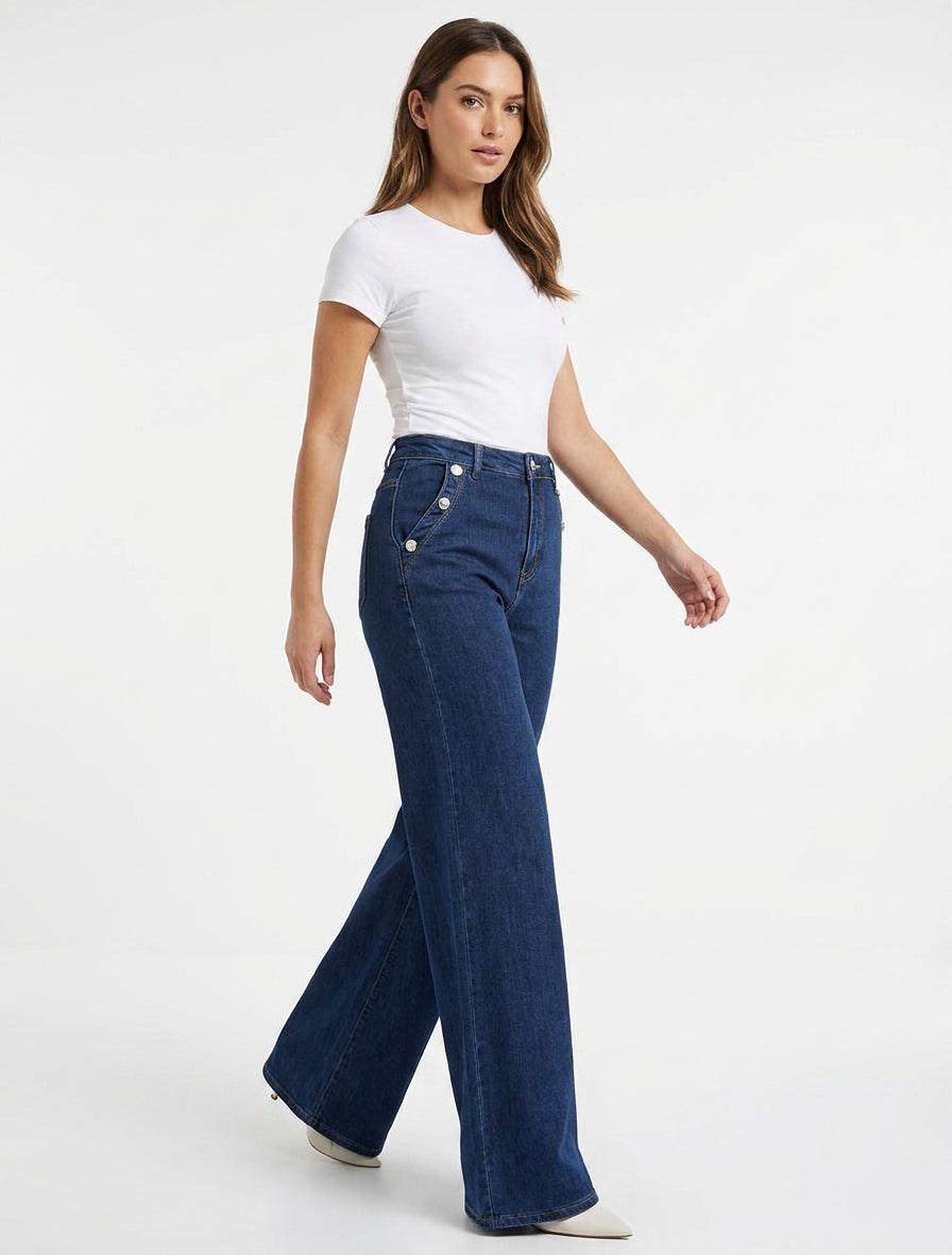 Jean wide leg à poches boutonnées - Bleu denim