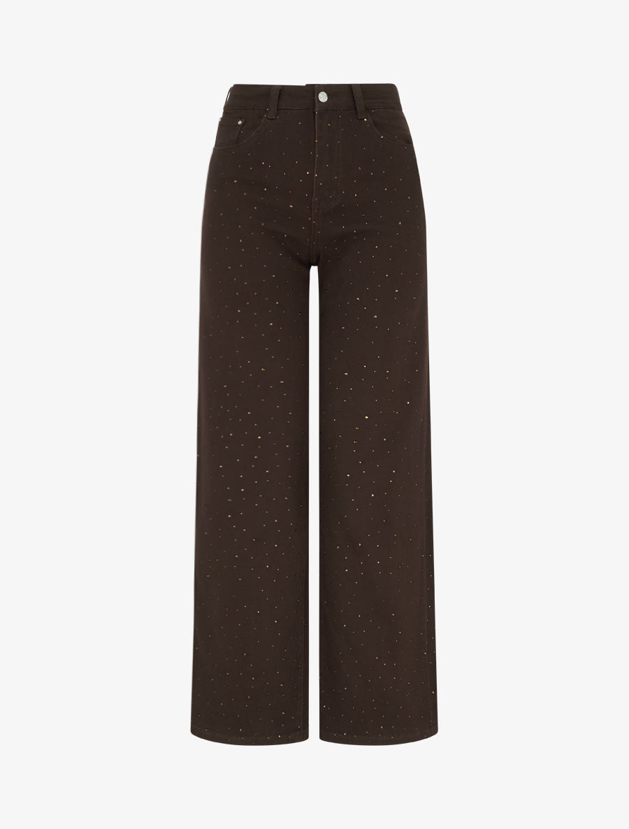 Jean wide leg à strass - Marron - 1