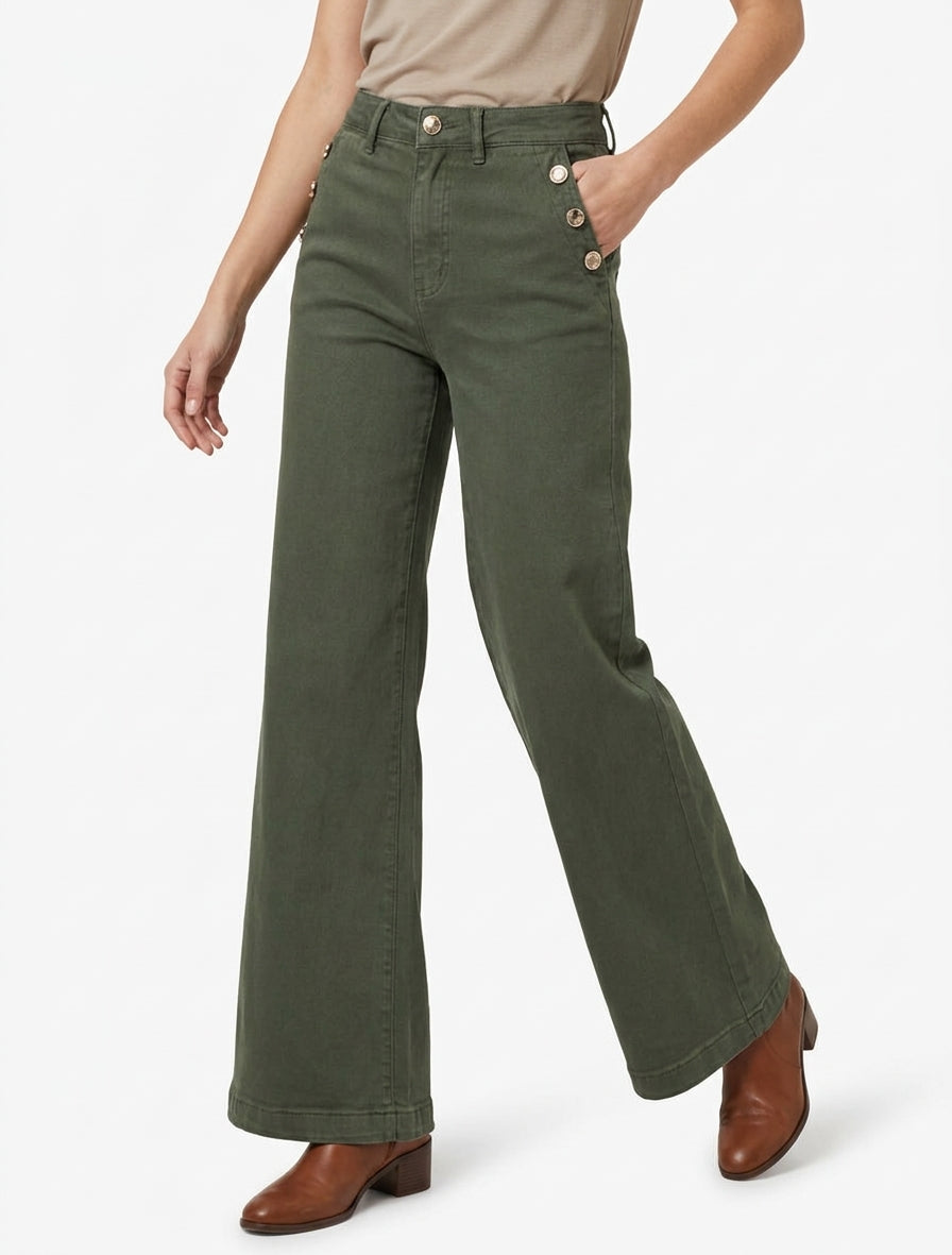 Jean uni wide leg à boutons nacrés - Kaki