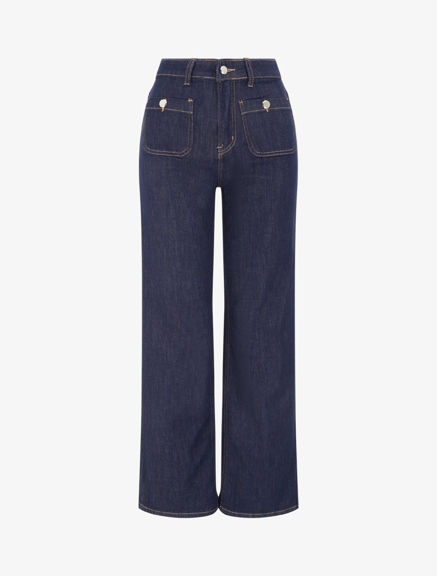 Jean wide leg taille haute avec poches plaquées à boutons décoratifs - Bleu brut - 1