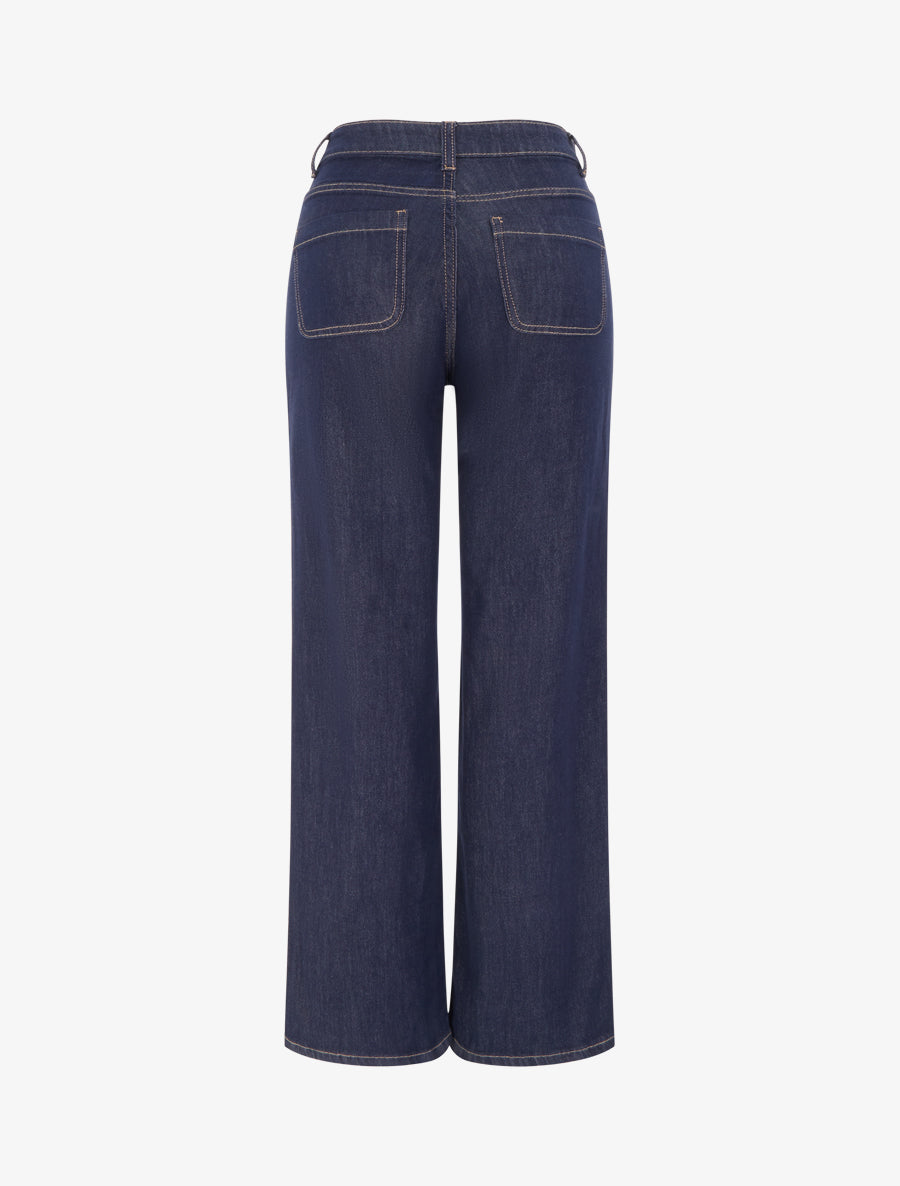 Jean wide leg taille haute avec poches plaquées à boutons décoratifs - Bleu brut - 2