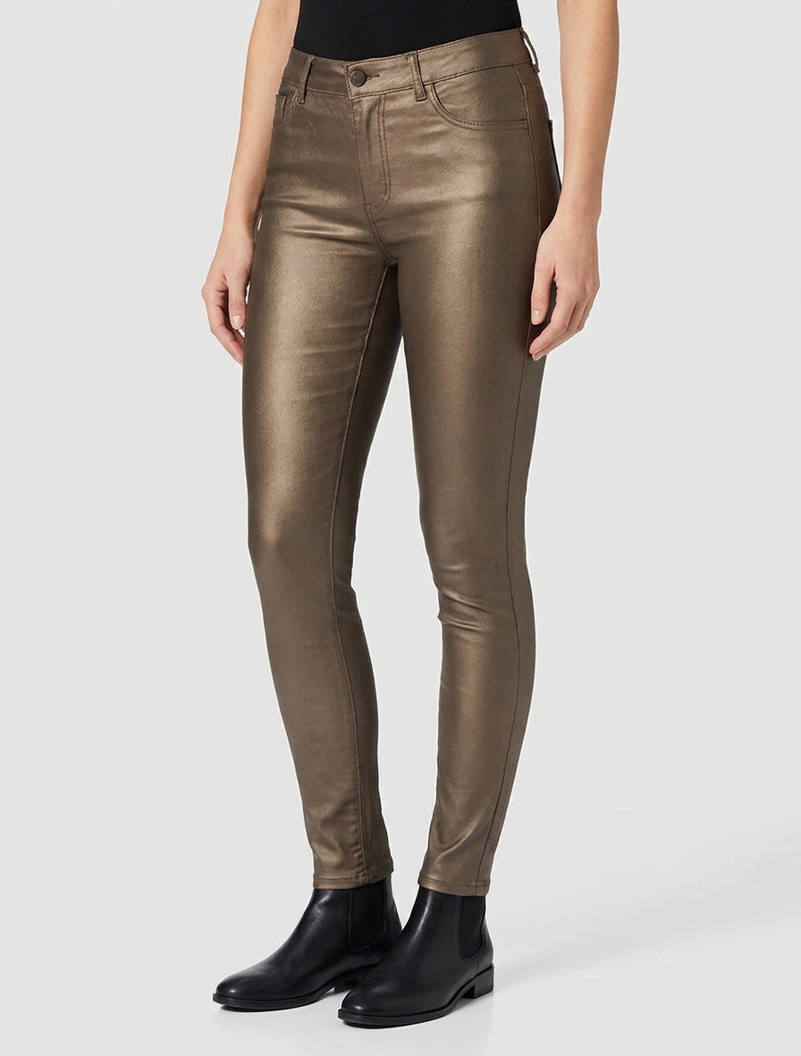 Pantalon slim en simili effet enduit - Bronze