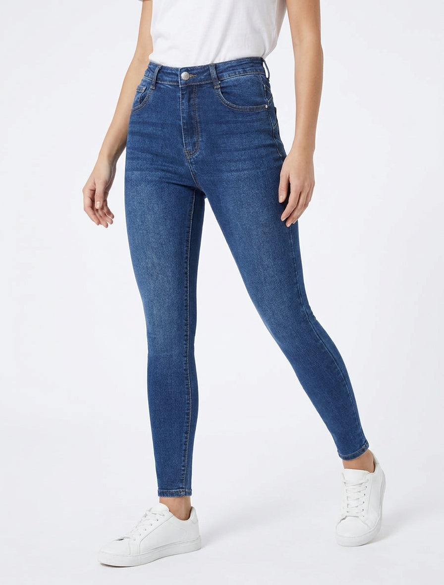 Jean skinny grande taille délavé - Bleu denim