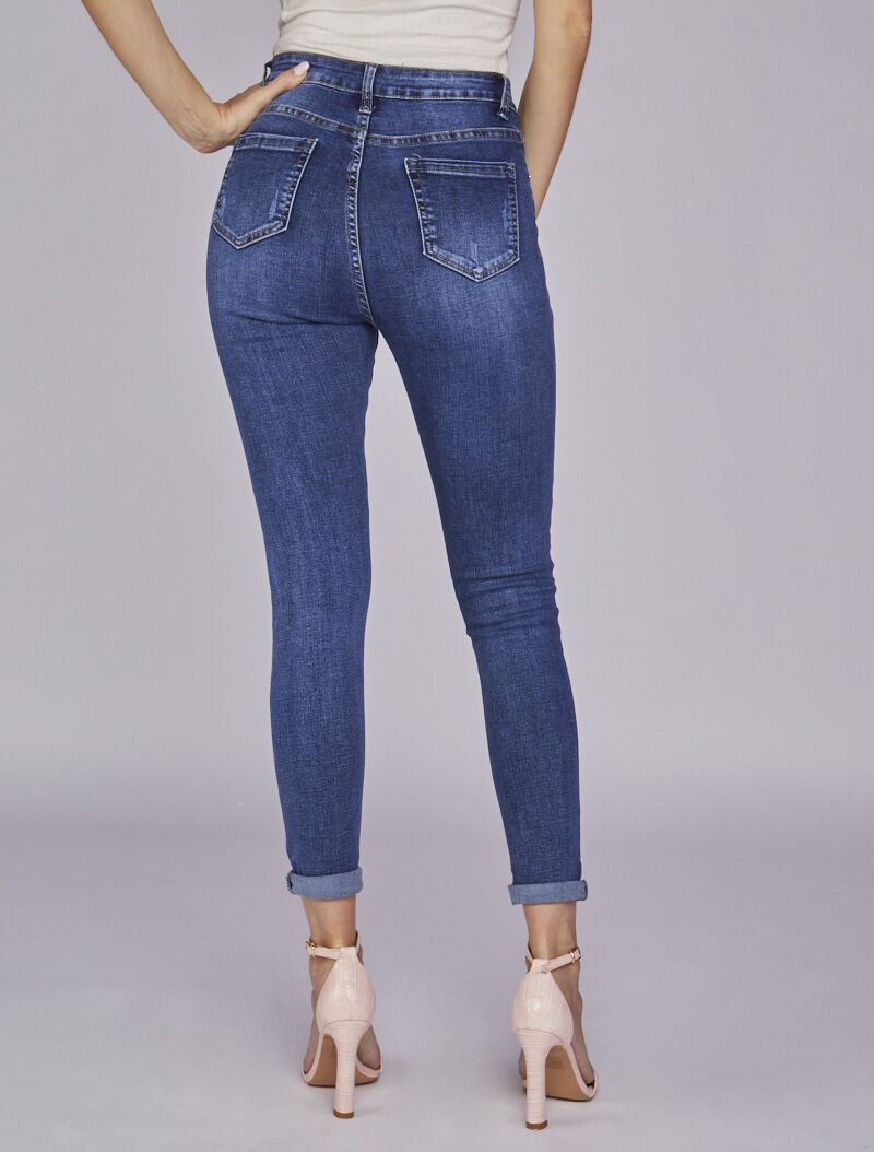 Jean skinny taille haute délavé et griffé - Bleu denim - 2