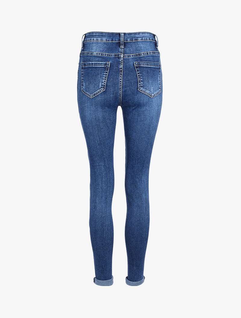 Jean skinny taille haute délavé et griffé - Bleu denim - 4