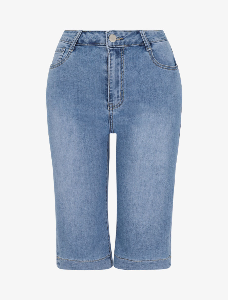 Bermuda grande taille en jean coupe droite - Bleu clair - 4