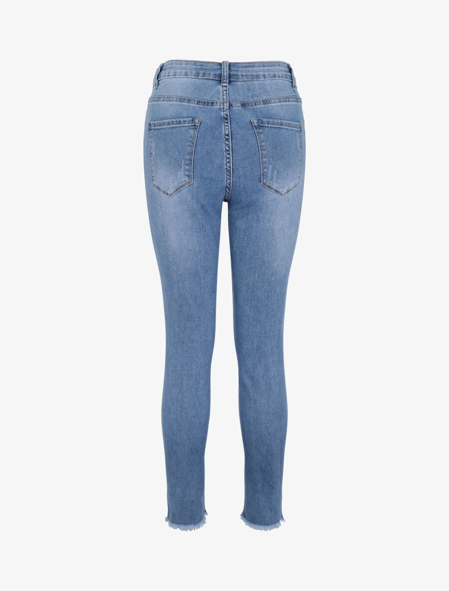 Jean skinny grande taille déchiré à bords coupe franche - Bleu clair - 2