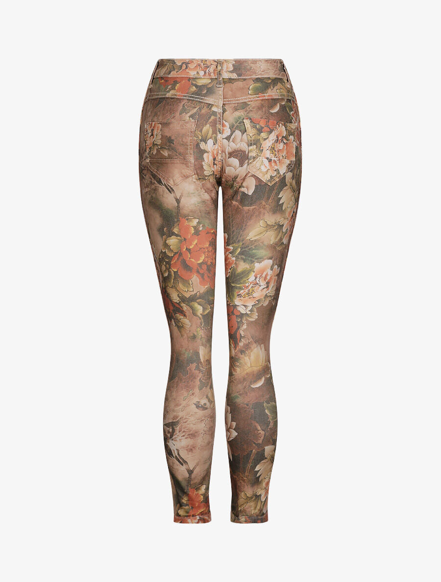 Jean réversible slim taille haute effet froissé imprimé fleuri - Beige - 4