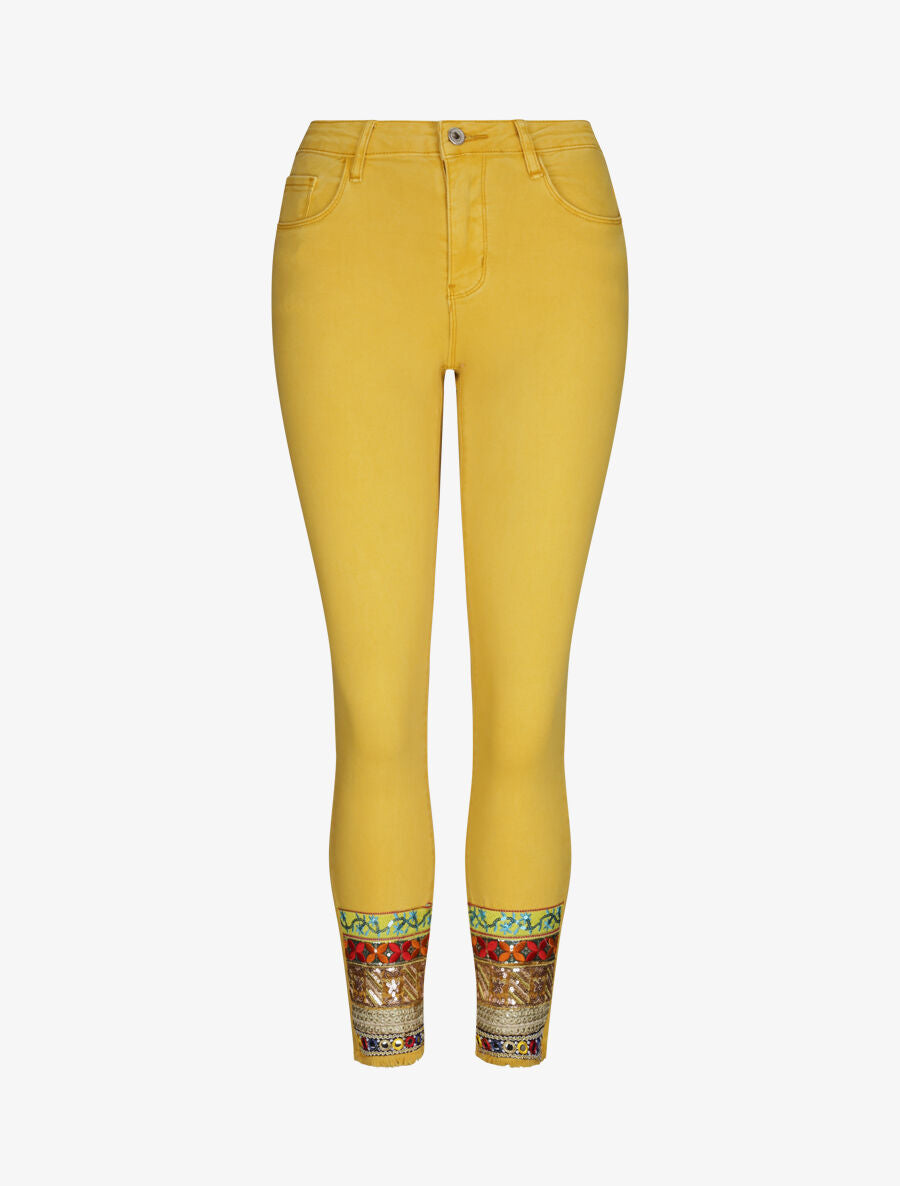 Jean 7/8 à bords coupe franche ornés de sequins - Jaune moutarde - 1