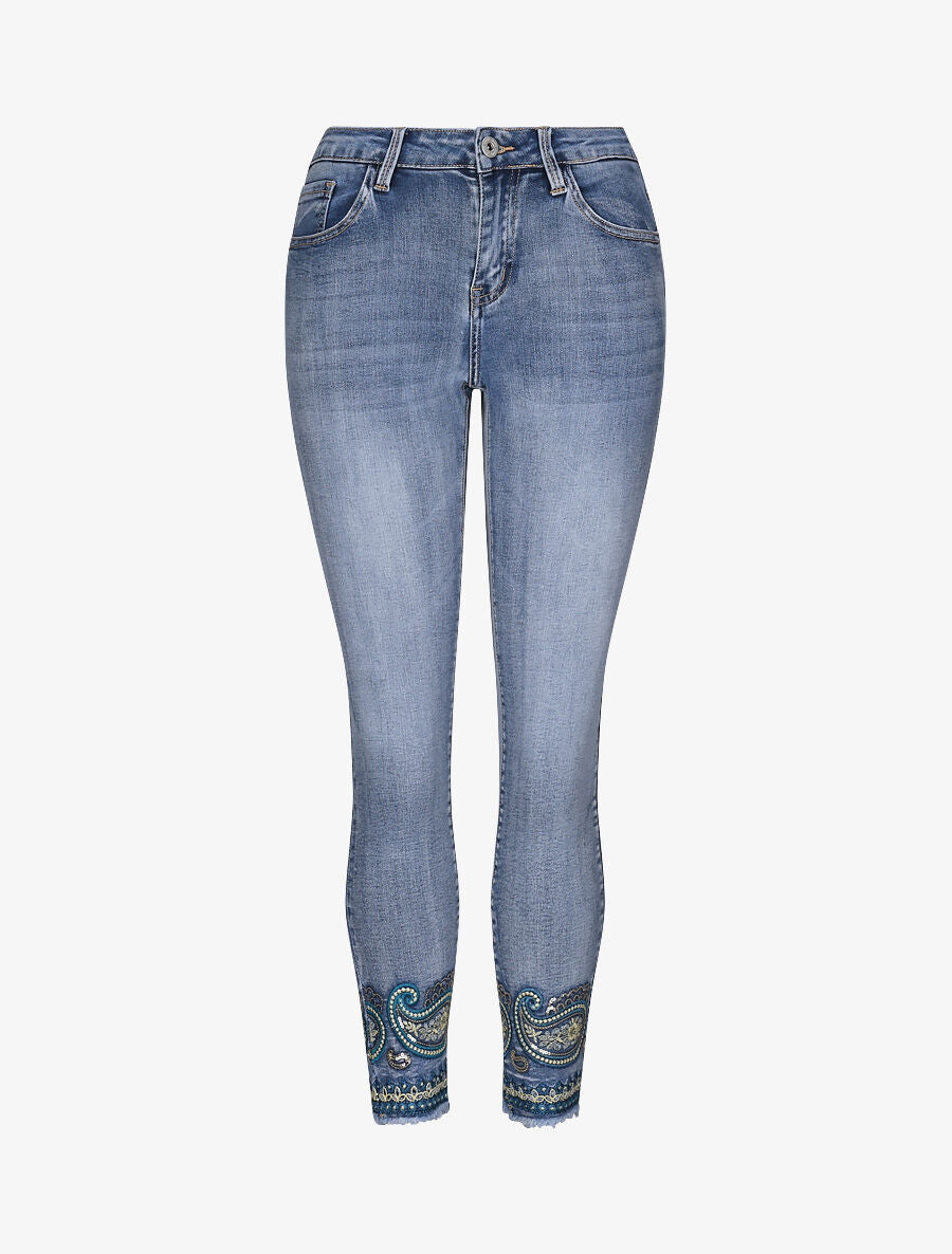 Jean slim taille haute broderie cachemire stylisée - Bleu - 1