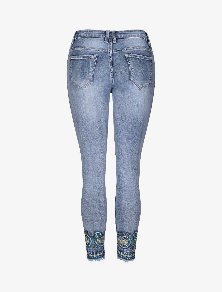Jean slim taille haute broderie cachemire stylisée - Bleu - 2