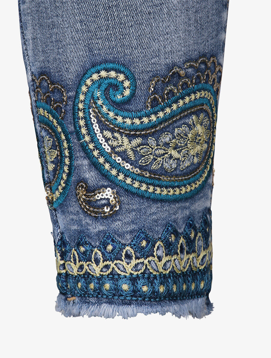 Jean slim taille haute broderie cachemire stylisée - Bleu - 3