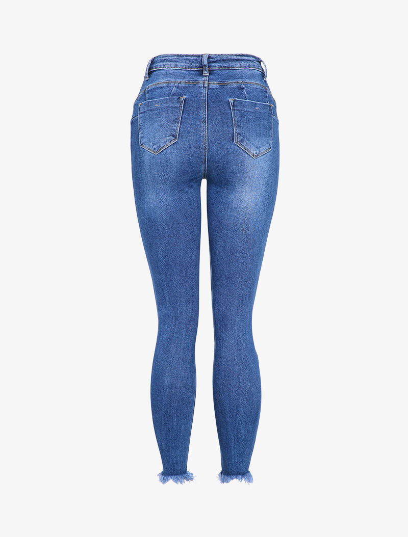 Jean skinny destroy à bords effilochés - Bleu denim - 2
