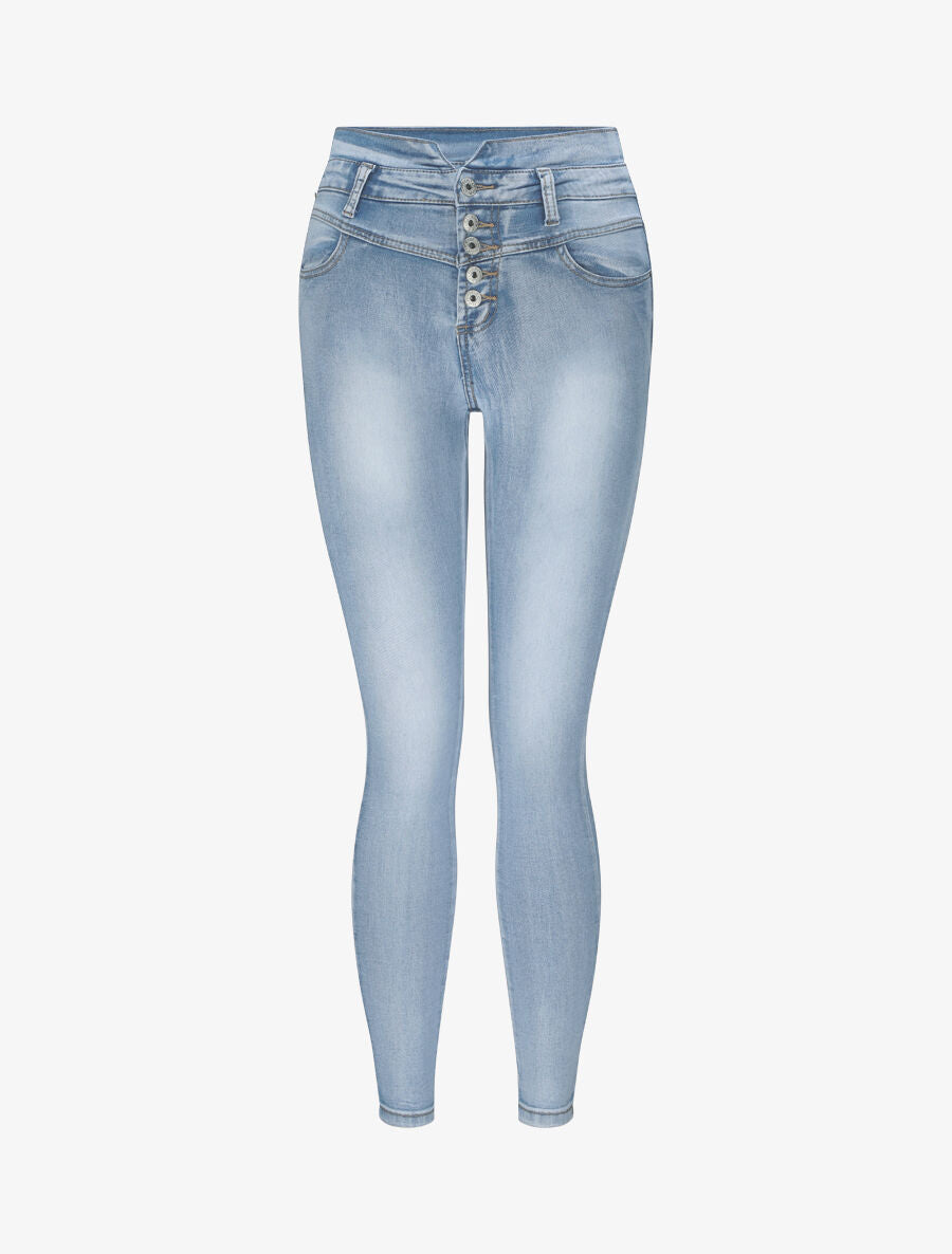Jean slim délavé à taille haute boutonnée - Bleu clair - 1